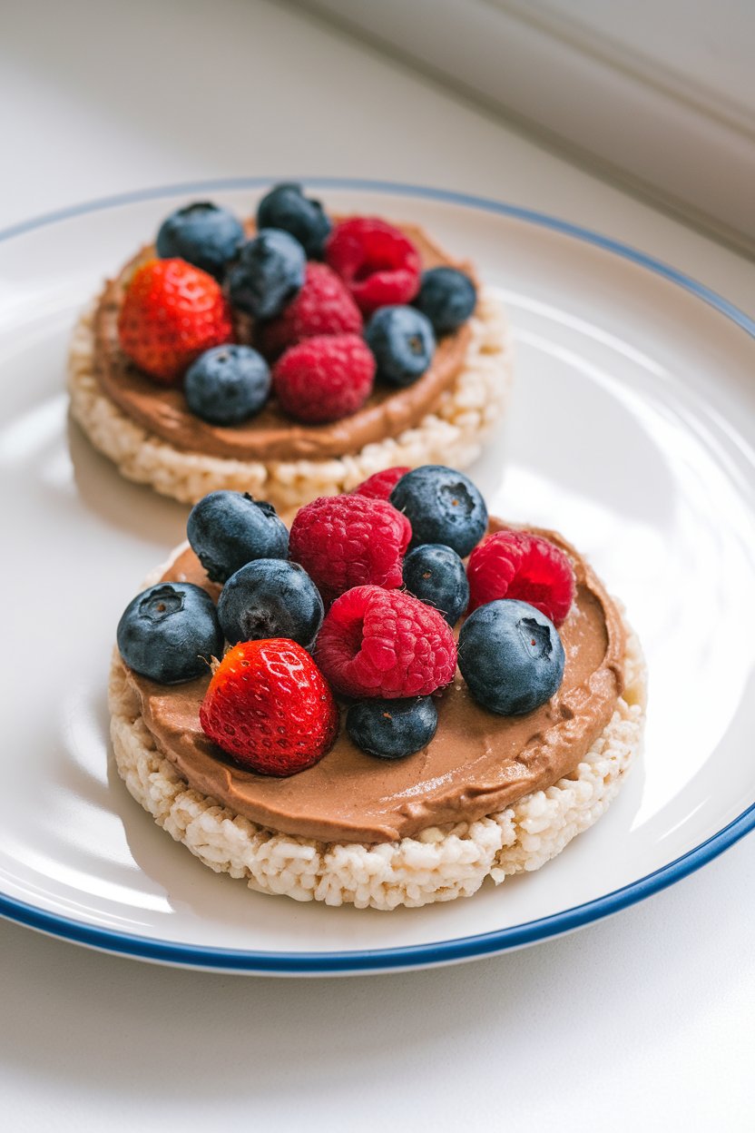Photo of rice cakes topped with almond butter and mixed berries, placed indoors on a snack plate. No text or logos.