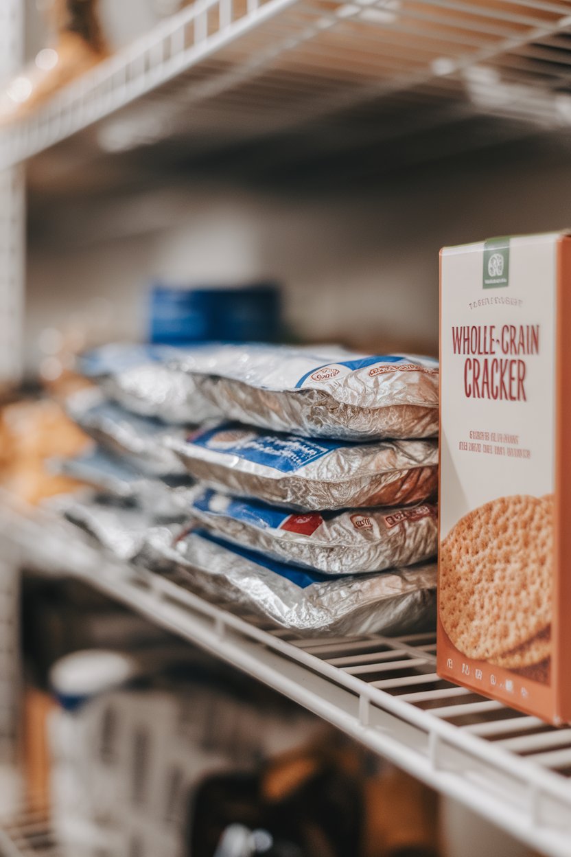 Pantry shelf photo showing foil packets of tuna lined up next to whole-grain crackers, labels turned away from camera, no logos.