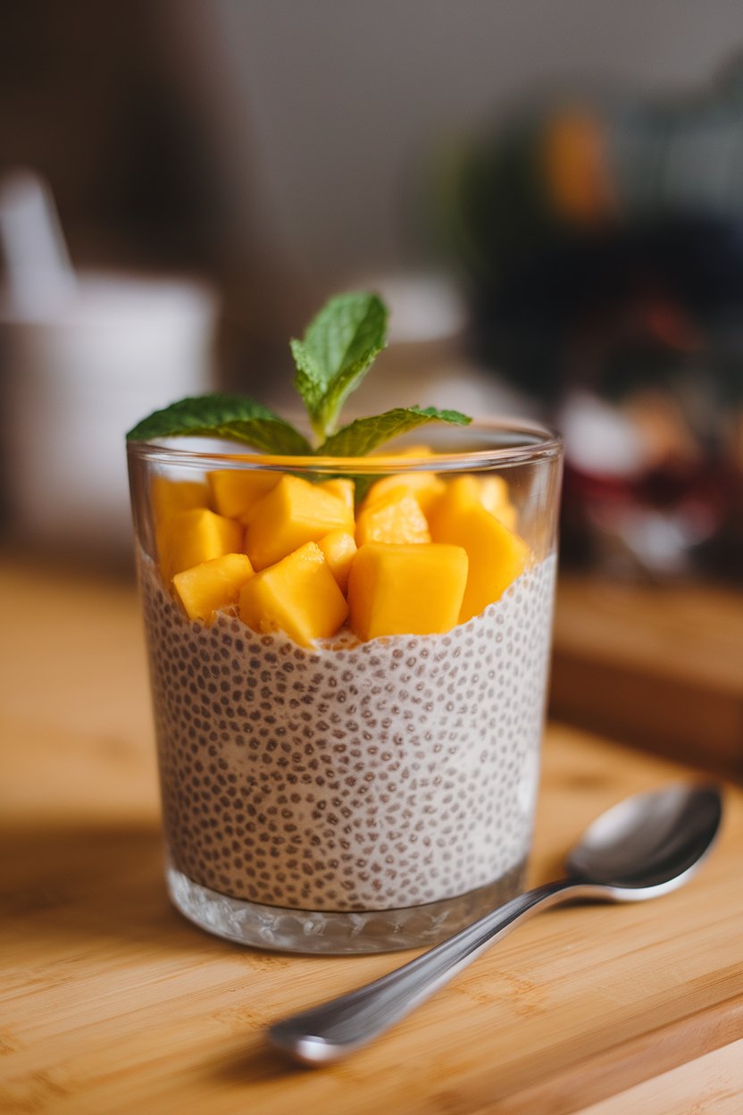 Indoor daylight photo of a clear glass filled with chia pudding layered with diced ripe mango and a mint sprig on top, spoon resting beside it. No text or logos.
