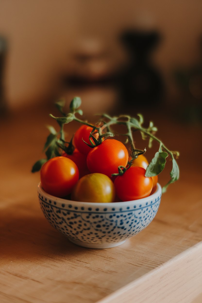Photo of a small indoor bowl overflowing with glossy cherry tomatoes, warm indoor lighting, no text or logos