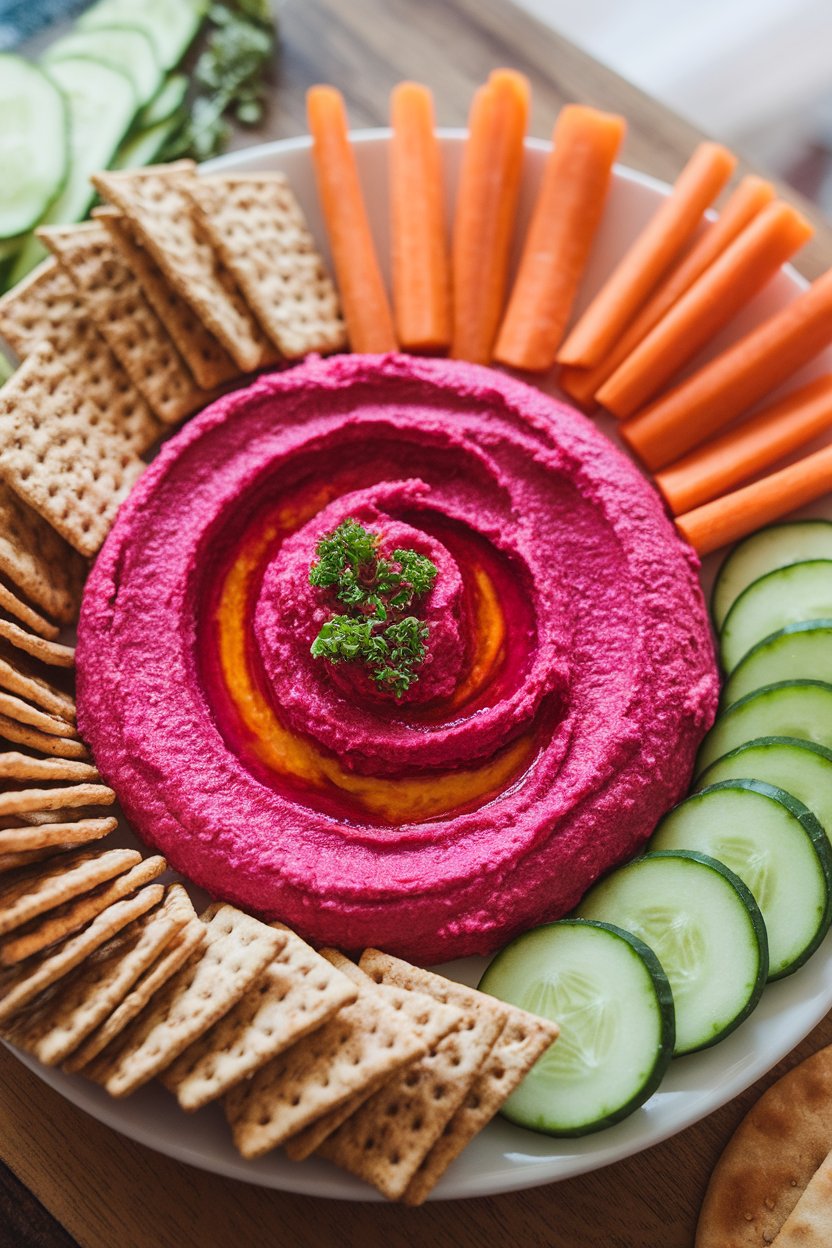 Photo prompt: Indoor platter featuring vibrant pink beet hummus surrounded by cucumber rounds, carrot sticks, and whole-grain crackers. No text or logos.