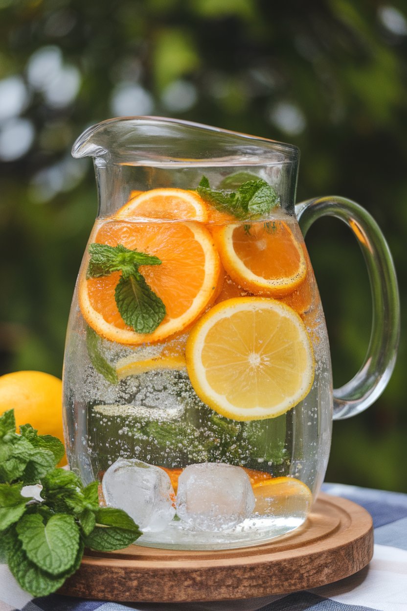 Indoor photo of a clear pitcher filled with sparkling water, floating orange and lemon slices, and fresh mint; no text or logos.