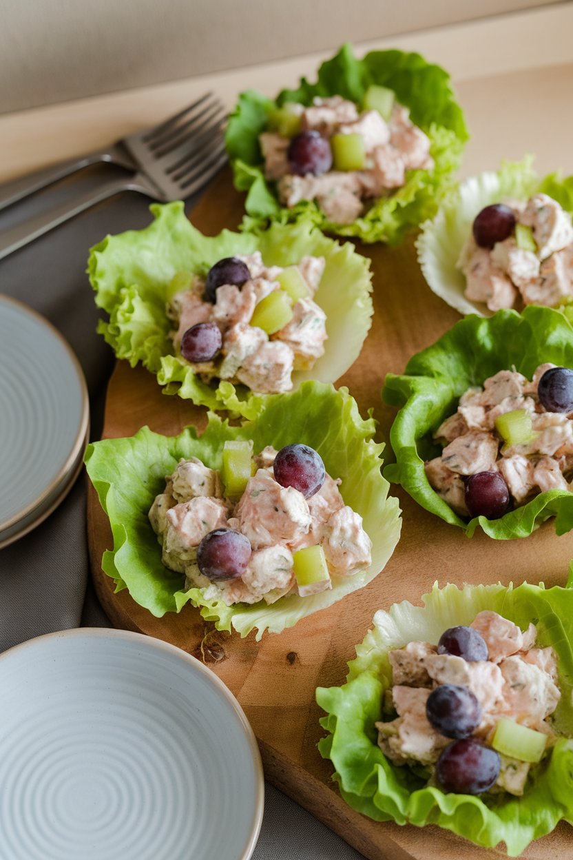 Indoor photo of crisp lettuce cups filled with chicken salad made with Greek yogurt, celery, and grapes, no text or logos.