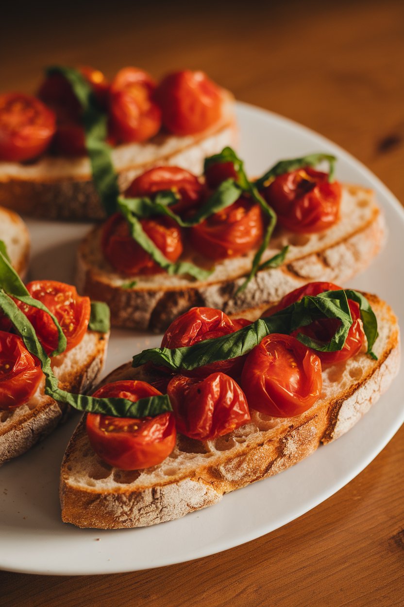 Toasted baguette slices topped with roasted cherry tomatoes and basil ribbons indoors. No text or logos. Photo.