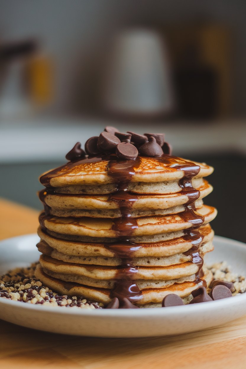 Indoor close shot of banana pancakes with a few dark-chocolate chips melted on top, quinoa grains visible; no logos.