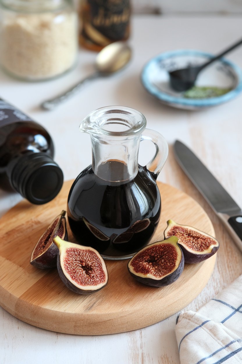 Indoor scene showing a glass cruet of dark fig balsamic dressing, sliced dried figs and a balsamic bottle cap turned away. Photo, not illustration. No text or logos.