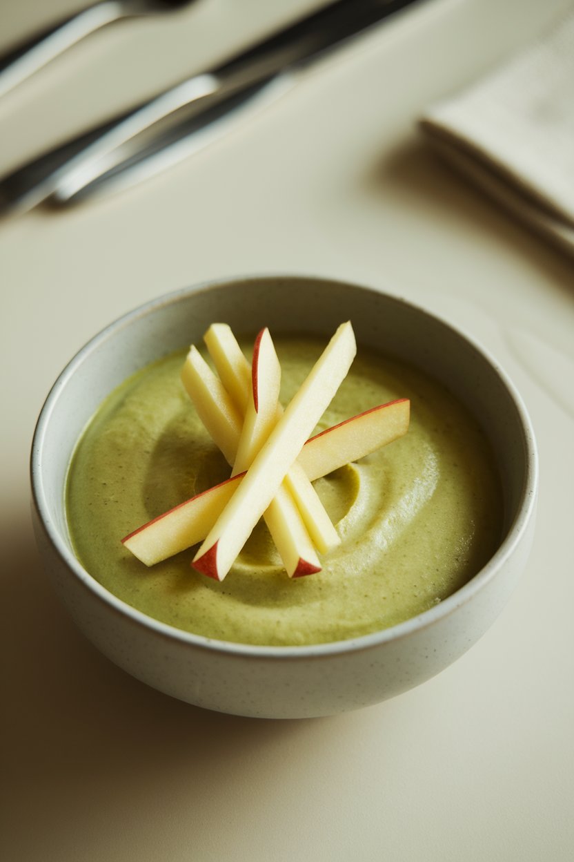 Indoor photo of smooth light green soup in a modern bowl, thin apple matchsticks on top; no text or logos