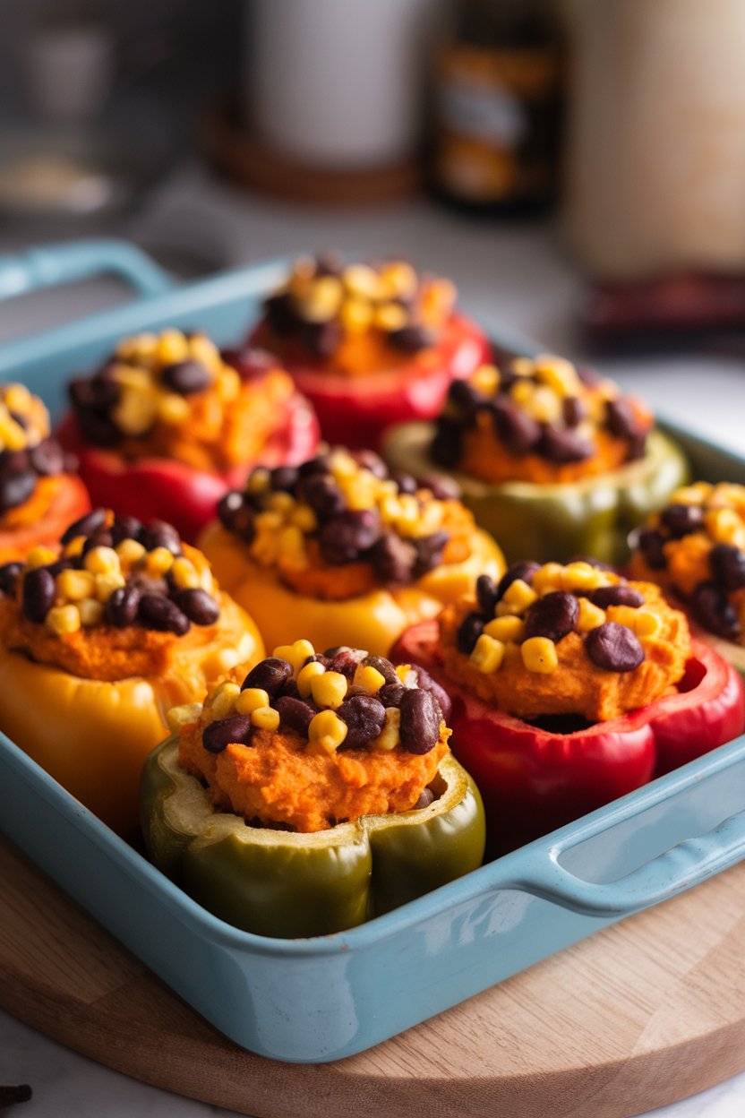 A warmly lit indoor oven-to-table baking dish showcasing colorful bell peppers filled with mashed sweet potato, black beans, and corn, tops lightly browned. No text or logos anywhere. Photo, not illustration.