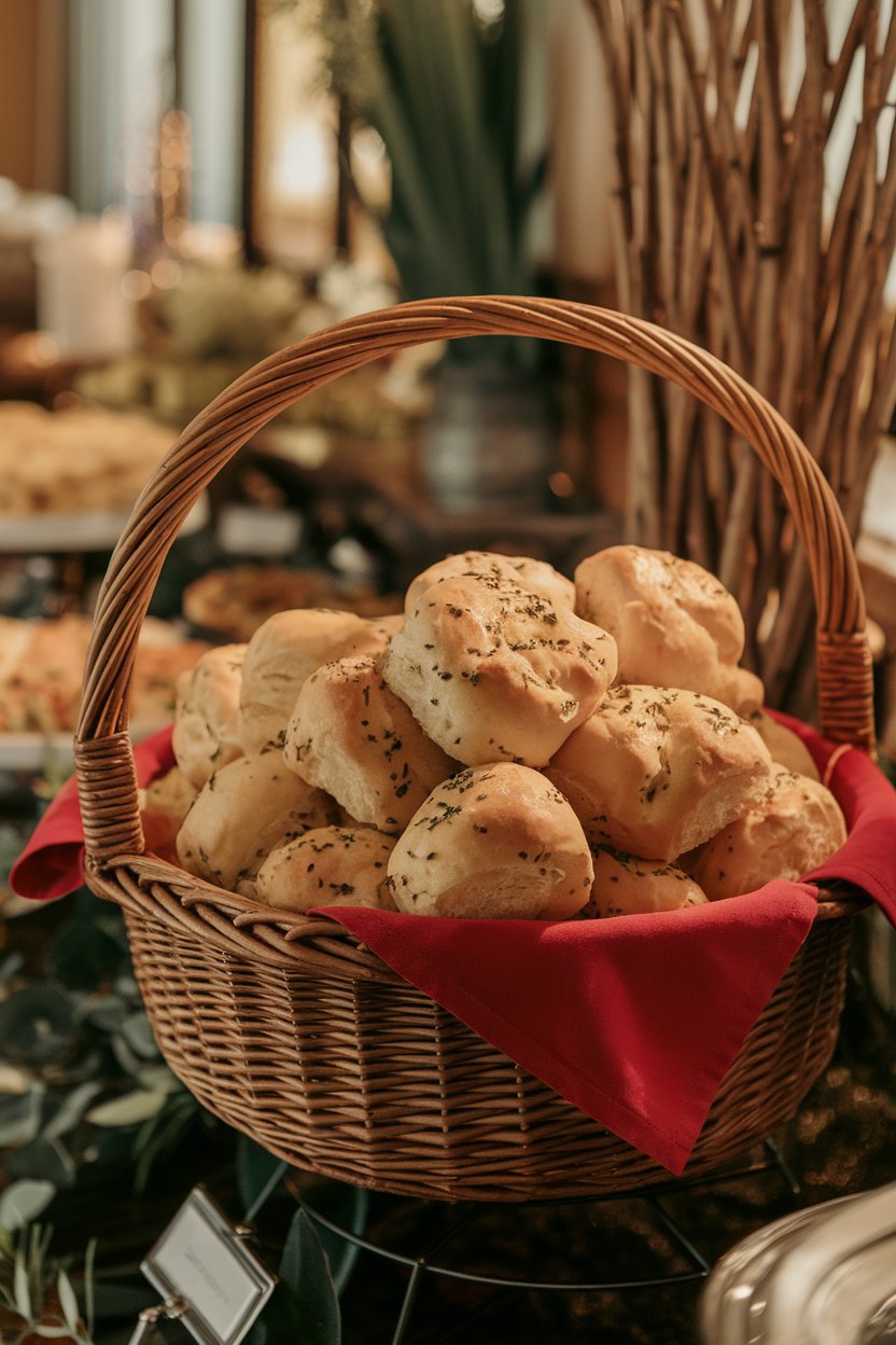 A basket lined with a red napkin holding golden pull-apart rolls speckled with herbs, shot indoors on a buffet table. No text or logos. Photo only.