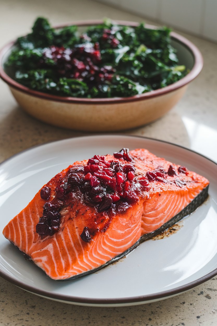 An indoor countertop displaying salmon fillets lacquered with a ruby cranberry-balsamic glaze, paired with sautéed kale. No brand names or text visible.