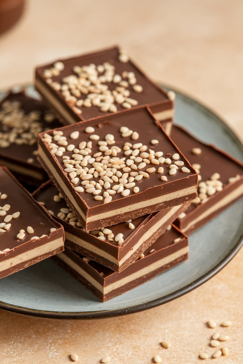 Photo, indoors, square chocolate tahini bars stacked on a plate, glossy tops sprinkled with sesame seeds. No text or logos.