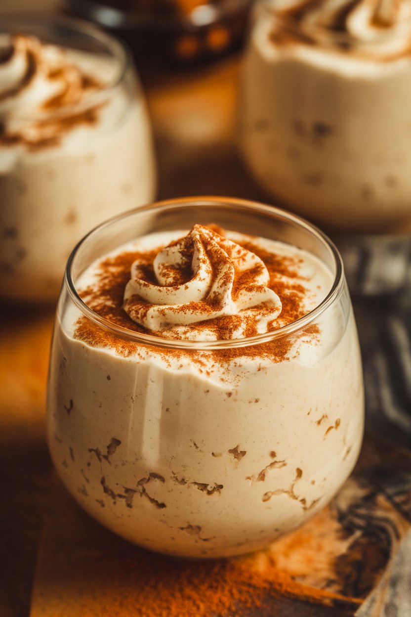 Indoor food photo of creamy brown rice pudding in a dessert cup, dusted with cinnamon; no text or logos.