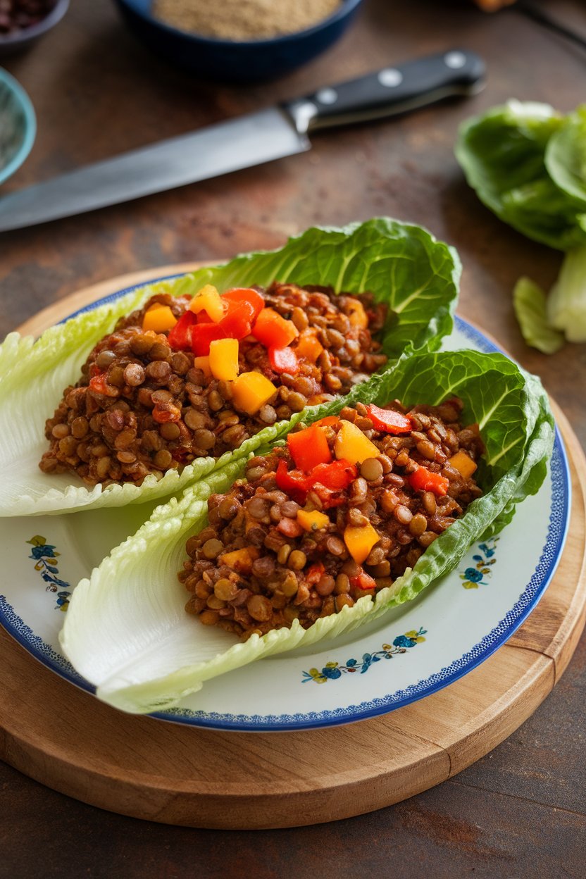 Indoor plate featuring crisp romaine leaves filled with colorful lentil salad, garnished with diced bell peppers. No logos or text.