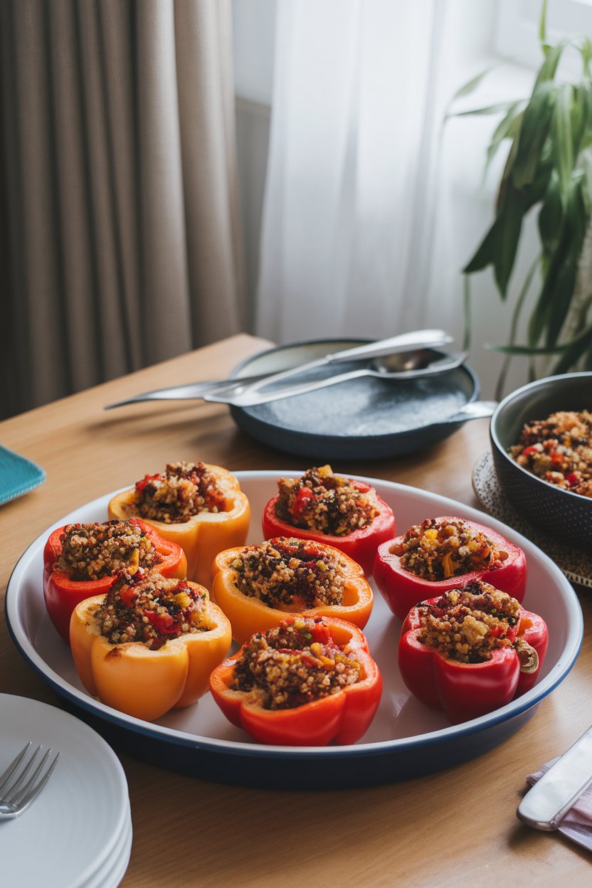 An indoor dining table with halved bell peppers stuffed with colorful quinoa and vegetable mix, baked until edges are slightly charred. No text or logos in view.