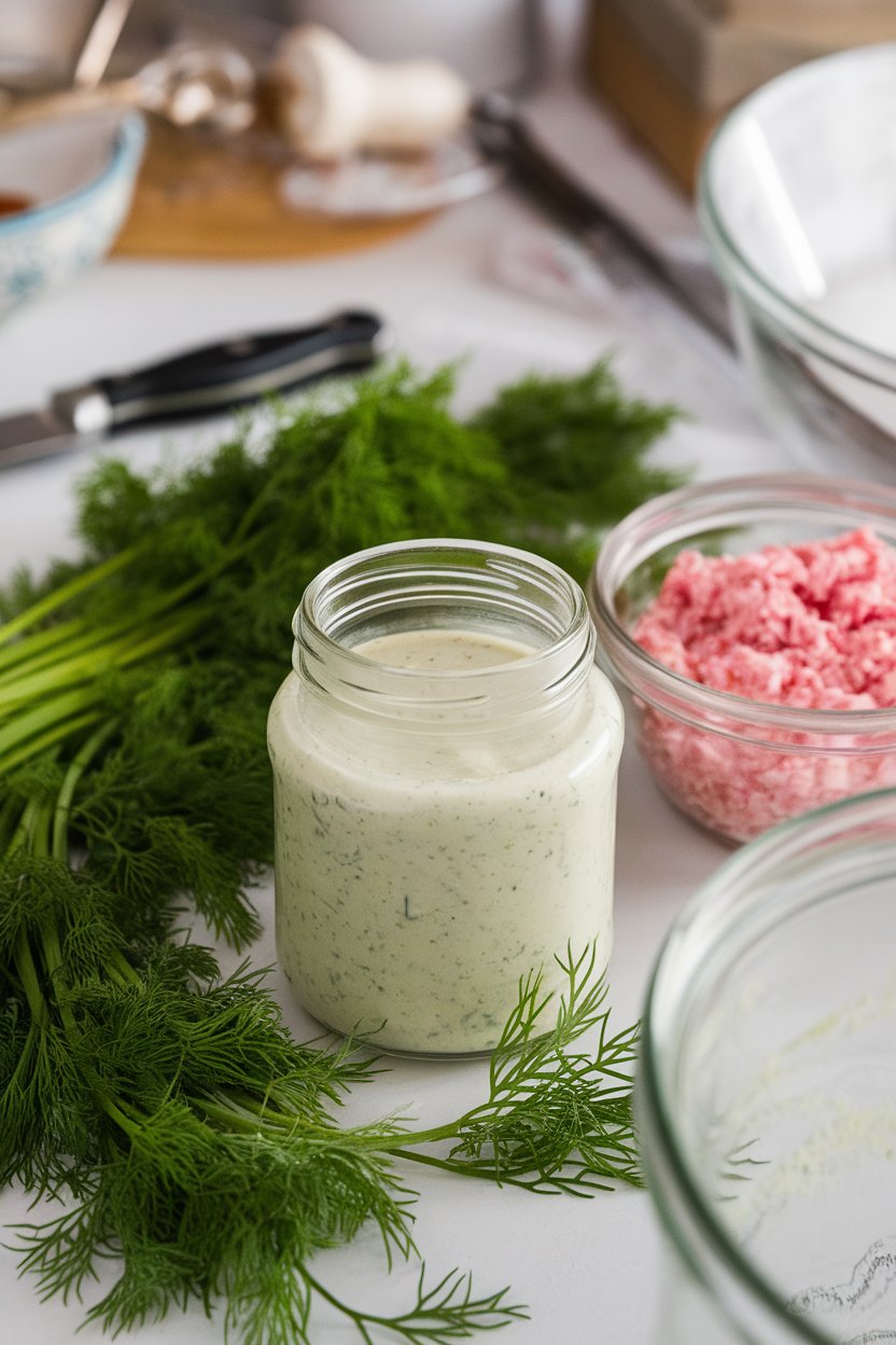 Indoor deli-style tabletop with a glass jar of creamy horseradish dill dressing, fresh dill fronds and prepared horseradish in background turned away. Photo, not illustration. No text or logos.
