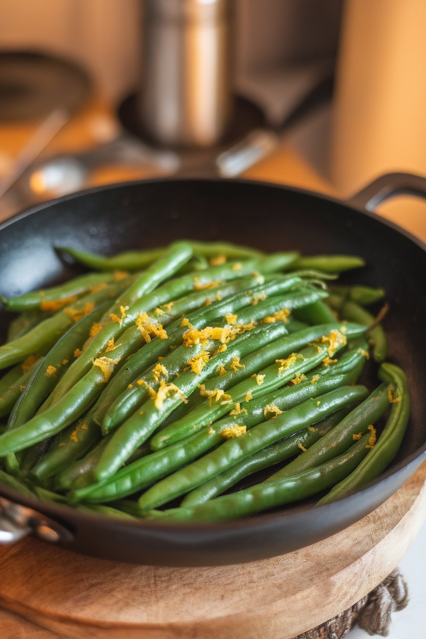 Indoor skillet scene with bright green beans sautéed in garlic and finished with lemon zest. No text or logos; photo.