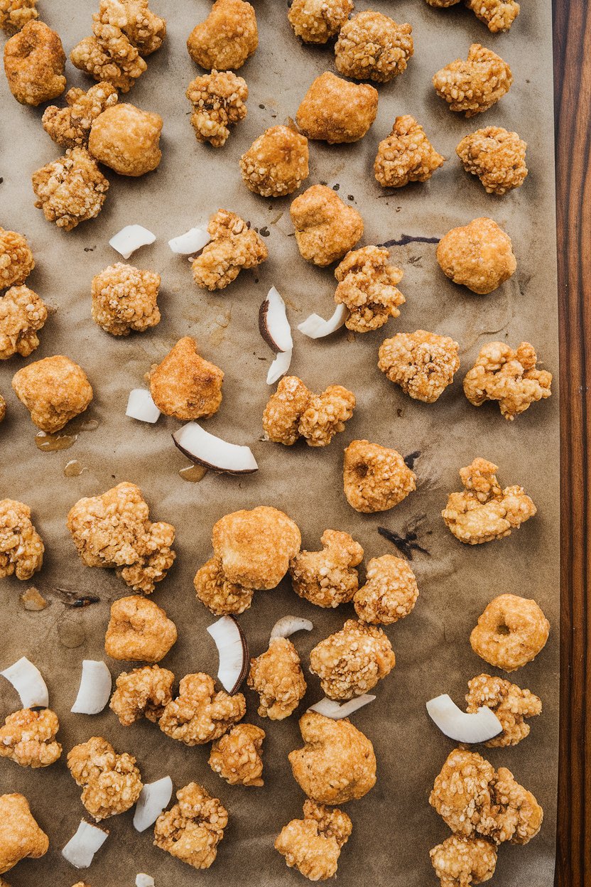 Indoor baking sheet with toasted quinoa and coconut clusters, golden brown. No text or logos.