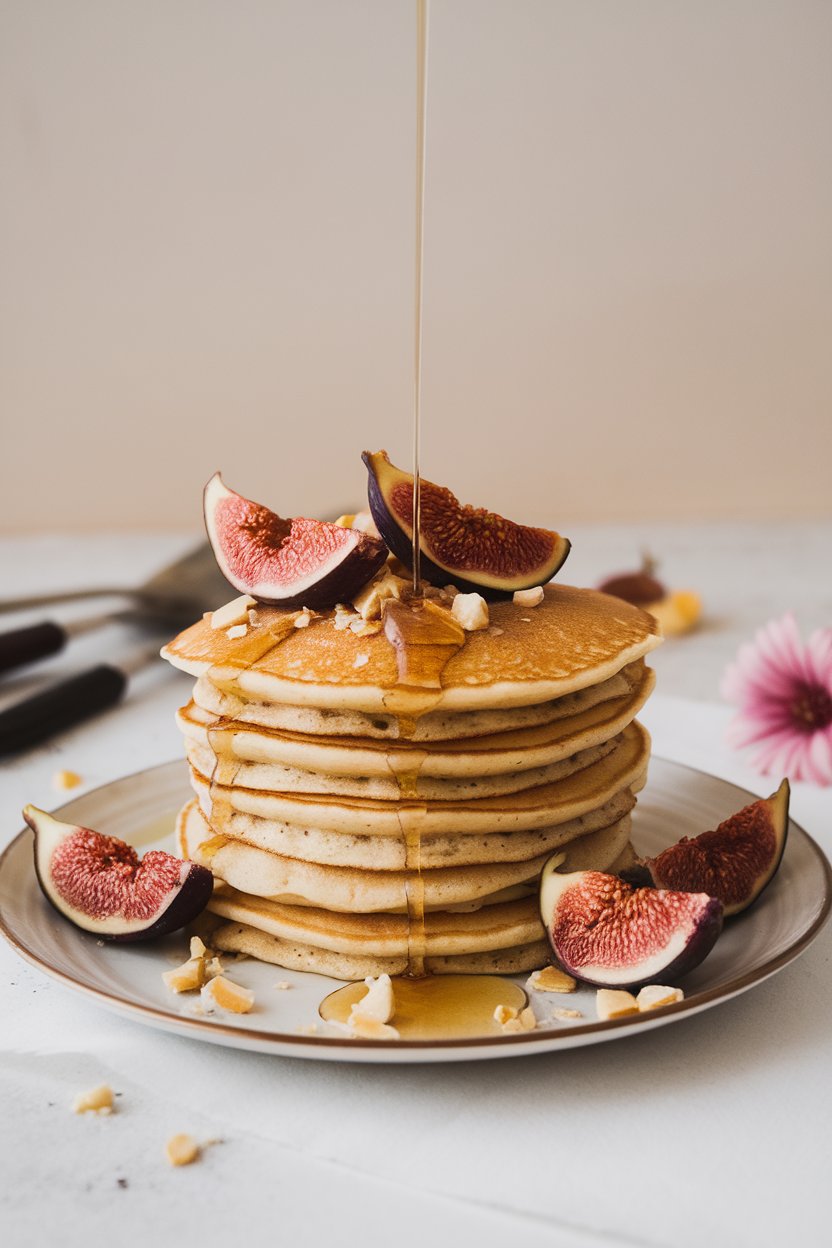 Indoor photo of pancakes layered with thin sliced figs and crushed almonds, honey drizzled sparingly; no text or logos.
