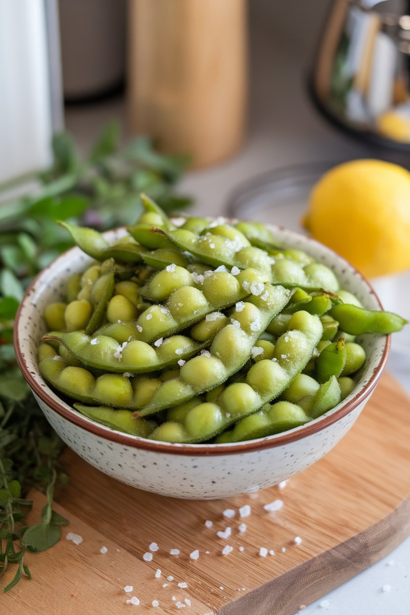 An indoor bowl filled with bright green steamed edamame pods, lightly sprinkled with coarse sea salt, set on a kitchen counter. No text or logos.