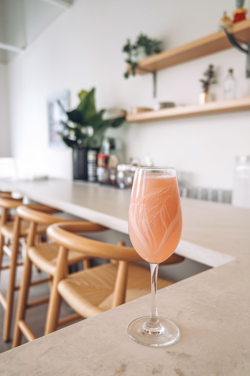 An indoor brunch-style bar with a flute of pastel pink Bellini, delicate peach puree swirling inside the bubbles. No text or logos.