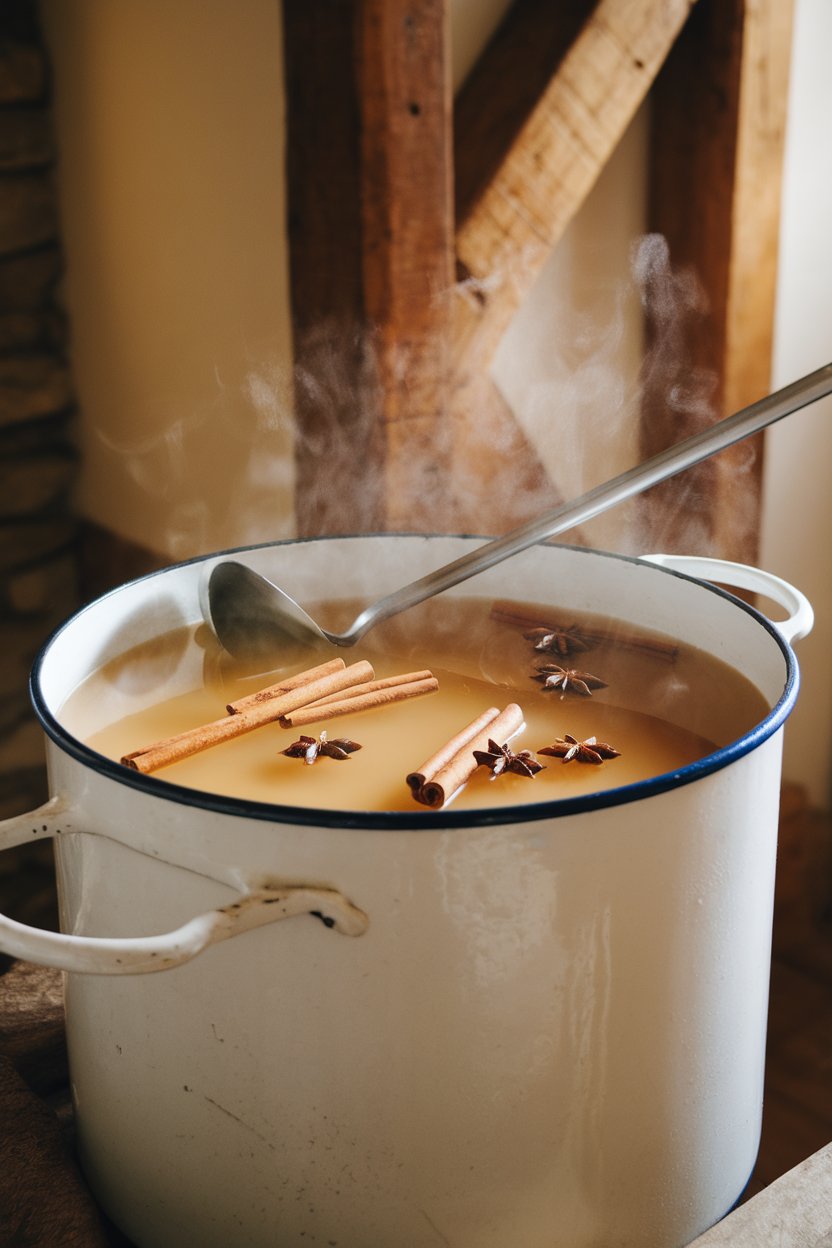 An indoor enamel pot of steaming apple cider with floating cinnamon sticks and star anise, ladle resting, no logos. Photo.