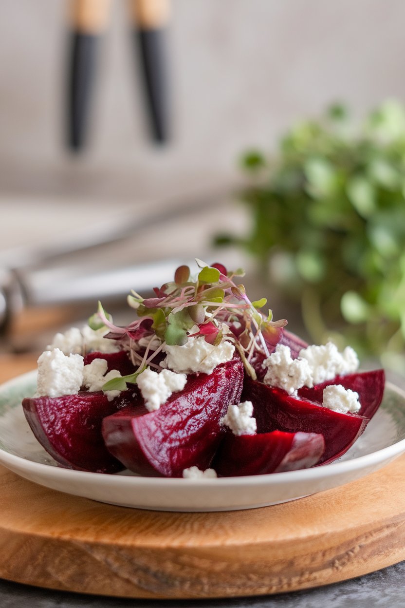 Indoor plate of ruby roasted beet wedges topped with goat cheese crumbles and microgreens. No text or logos. Photo only.