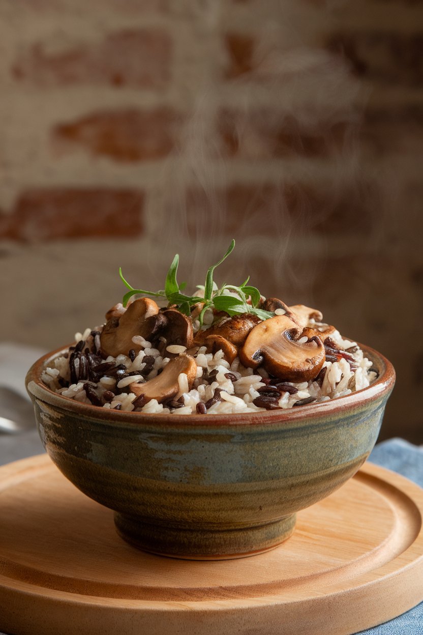 A ceramic serving bowl indoors filled with wild rice mixed with sautéed mushrooms and fresh herb sprigs, steam gently rising. Photo, no logos or text.