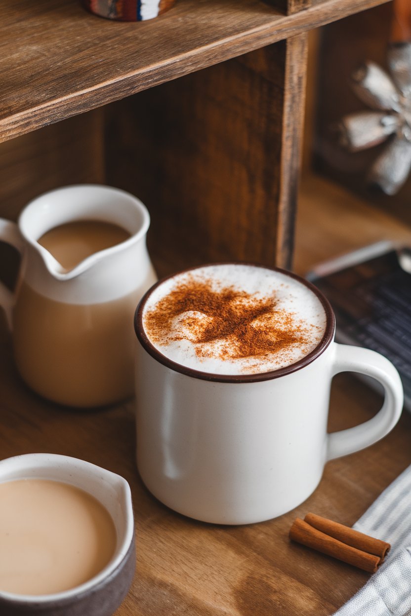 Indoor coffee mug sprinkled with cinnamon and a small pitcher of warm unsweetened almond milk nearby, no logos.