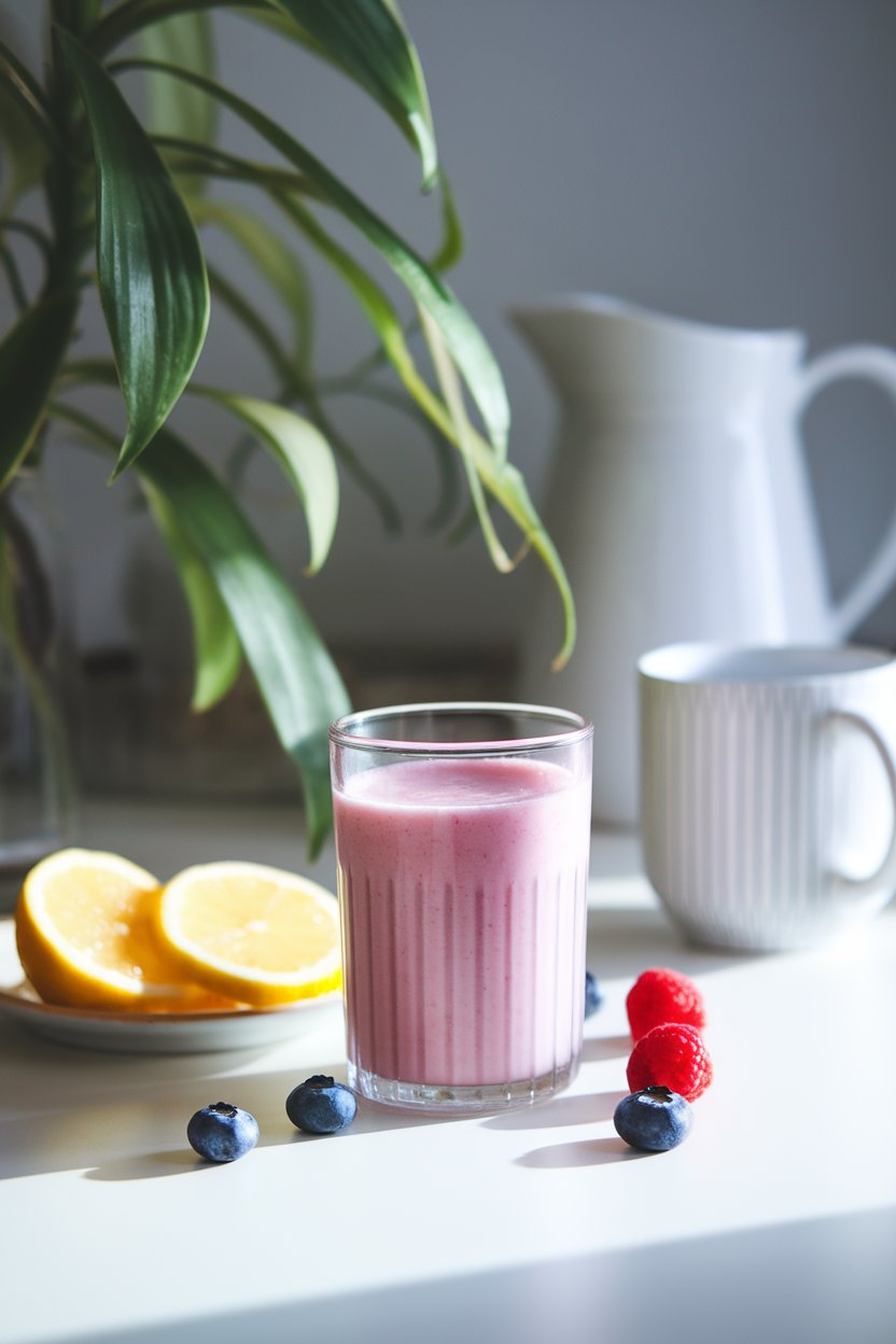 A photo of an indoor breakfast scene showing a small glass of pink kefir smoothie, a few berries scattered nearby; no text or logos.
