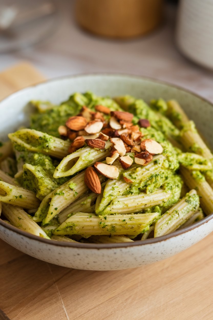 Photo prompt: Indoor pasta bowl with whole-grain penne coated in bright green broccoli pesto, sprinkled with toasted almonds. No text or logos.
