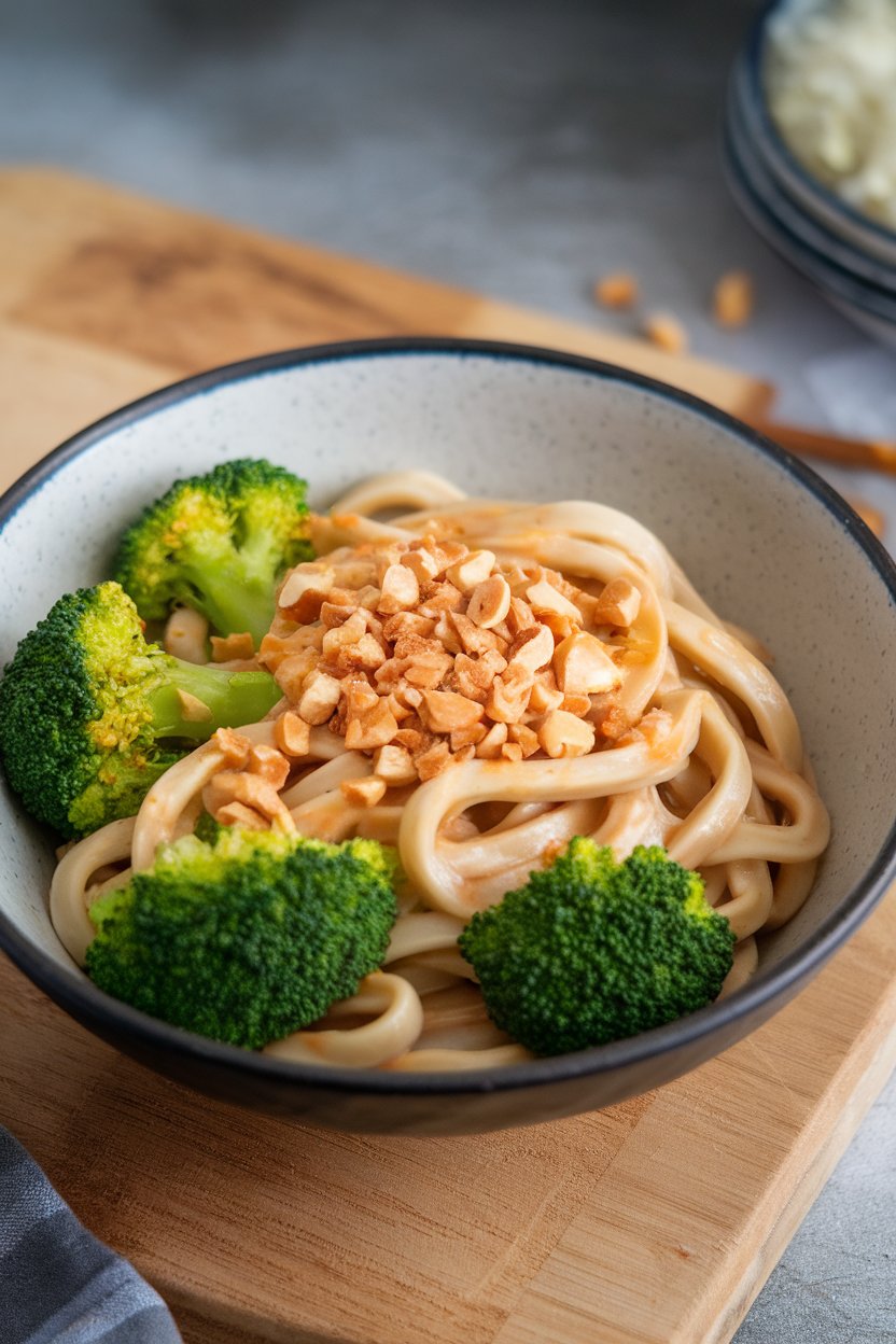 Indoor noodle bowl filled with thick udon noodles, bright broccoli florets, and creamy peanut sauce, chopped peanuts sprinkled over. Photo only, no text or logos.