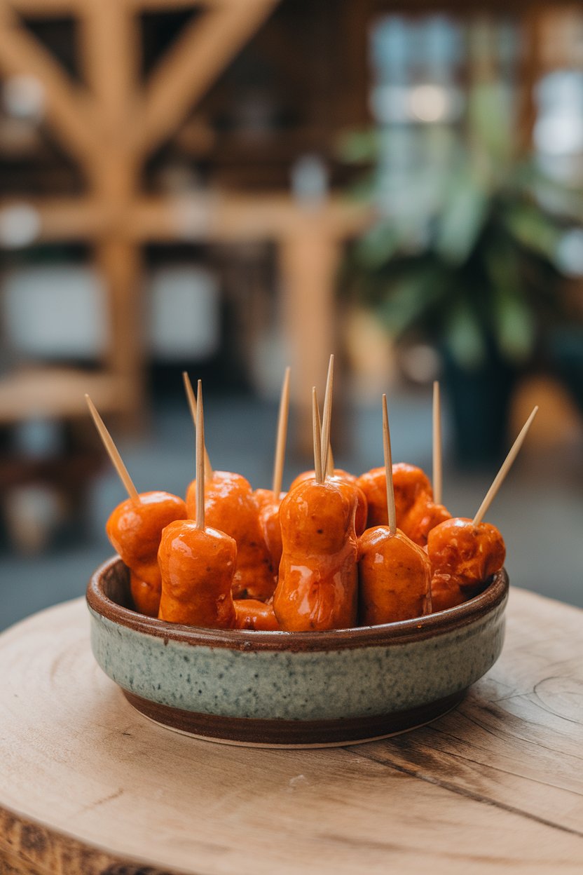 Small sausages coated in sticky orange glaze in a ceramic indoor dish with toothpicks. No text or logos. Photo.