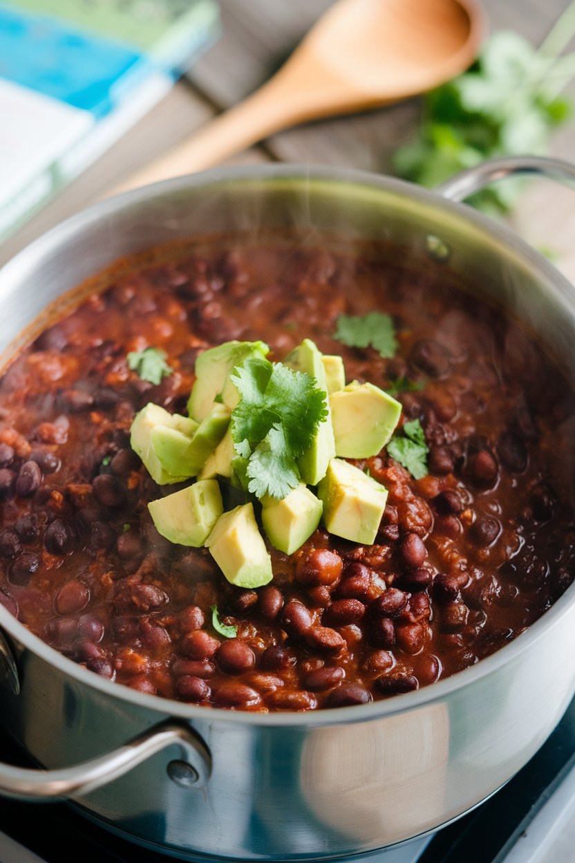 An indoor pot of thick black bean chili topped with diced avocado and cilantro. No text or logos. Photo, not illustration.