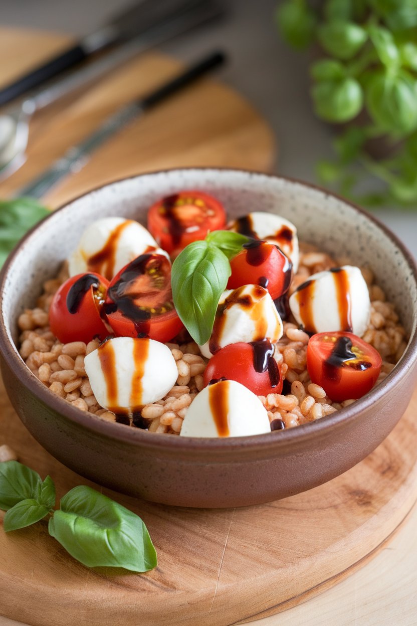 Photo of an indoor ceramic bowl containing farro topped with cherry tomatoes, mozzarella pearls, basil, and balsamic drizzle, no text or logos