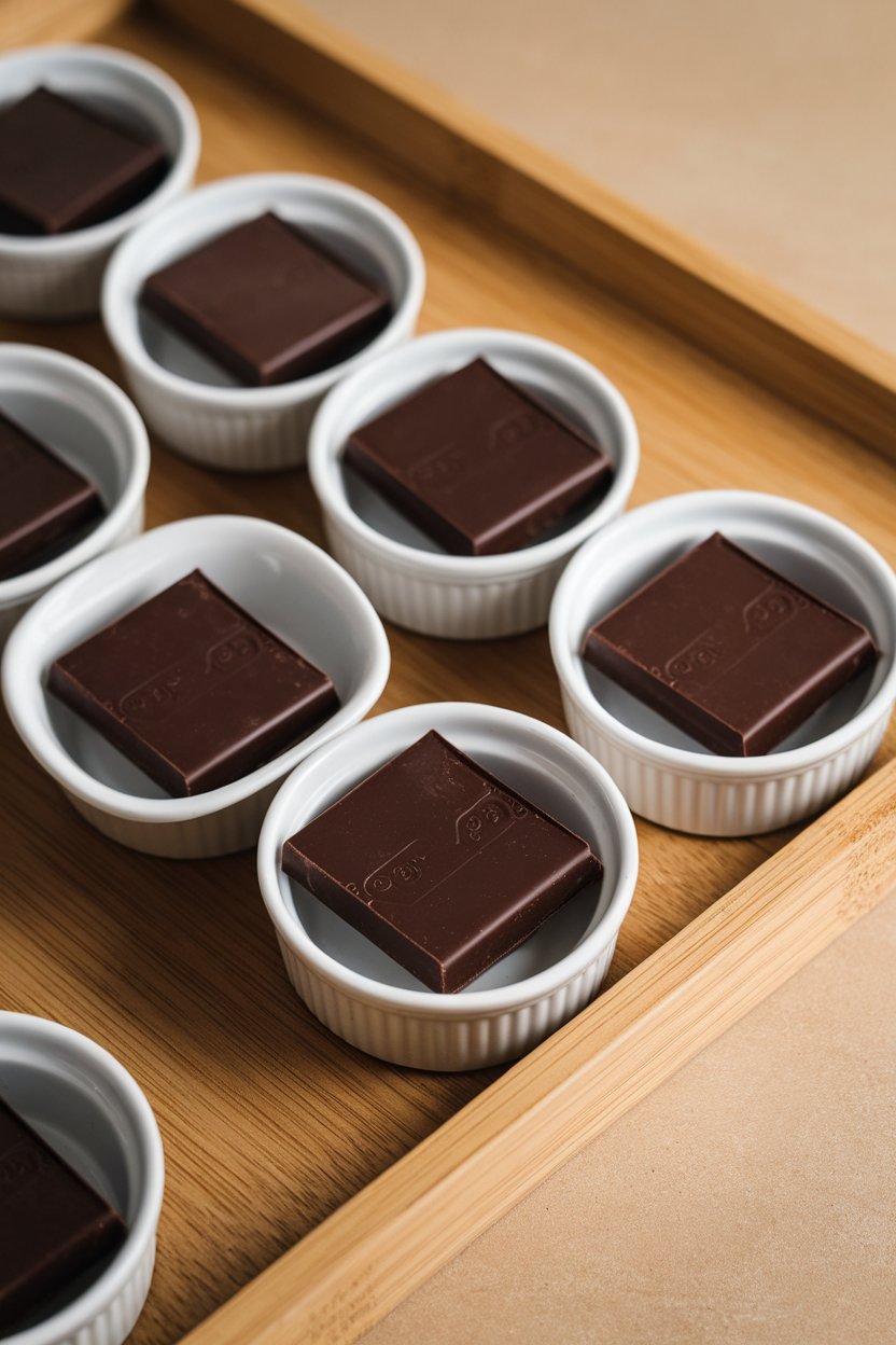 Indoor photo of several small ramekins each holding two squares of dark chocolate on a wooden tray, no text or logos.