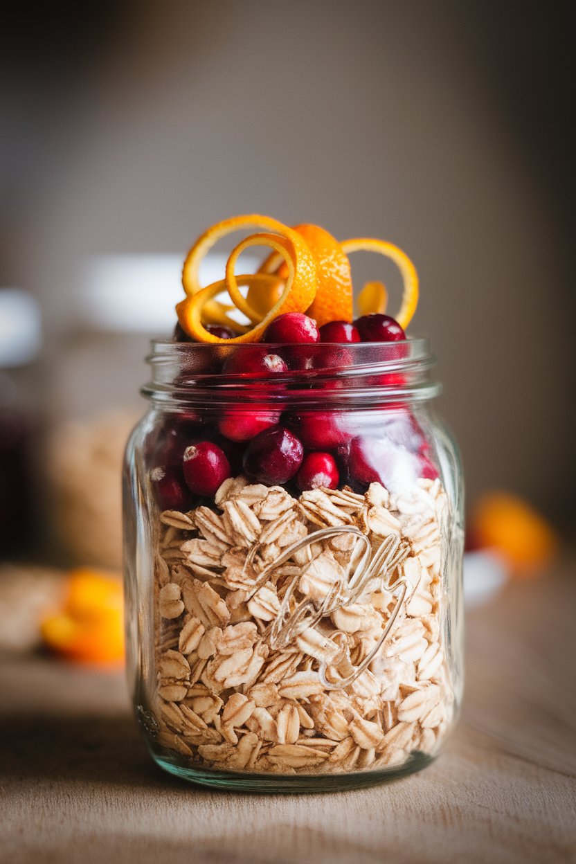 Indoor morning light photo of a jar filled with oats, ruby cranberries, and bright orange zest curls on top. No logos or text. Photo only.