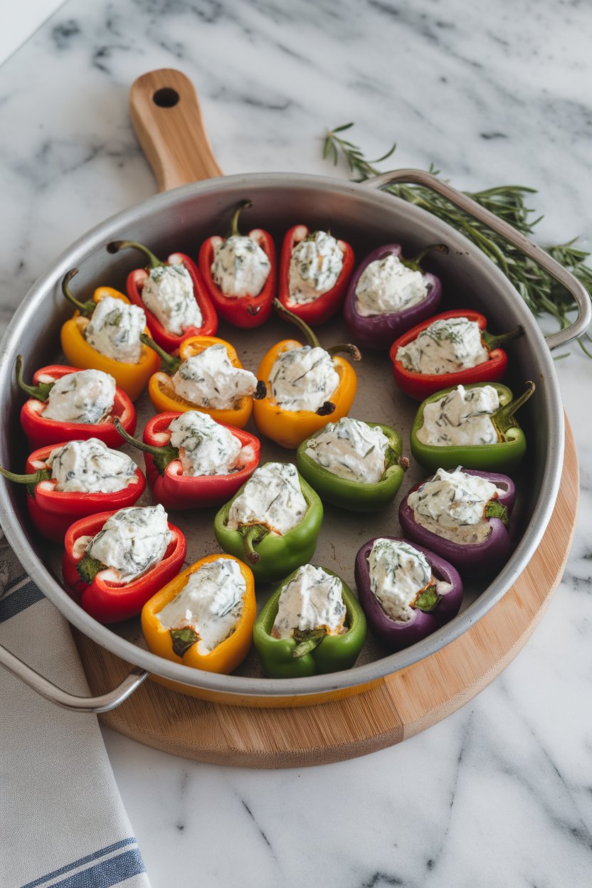A baking dish on an indoor counter filled with rainbow mini peppers stuffed with herbed cream cheese mixture, tops lightly browned. No text or logos.