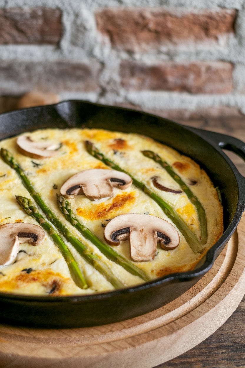 An indoor dining table showcasing a cast-iron skillet frittata with visible asparagus tips and mushroom slices, golden on top. No logos or text; photo.