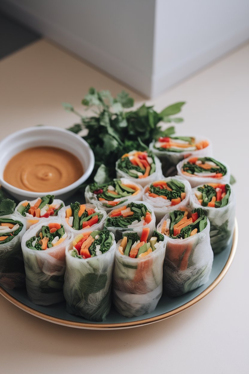 Photo of rice paper rolls stuffed with colorful vegetables and herbs, arranged indoors on a plate with peanut sauce. No text or logos visible.