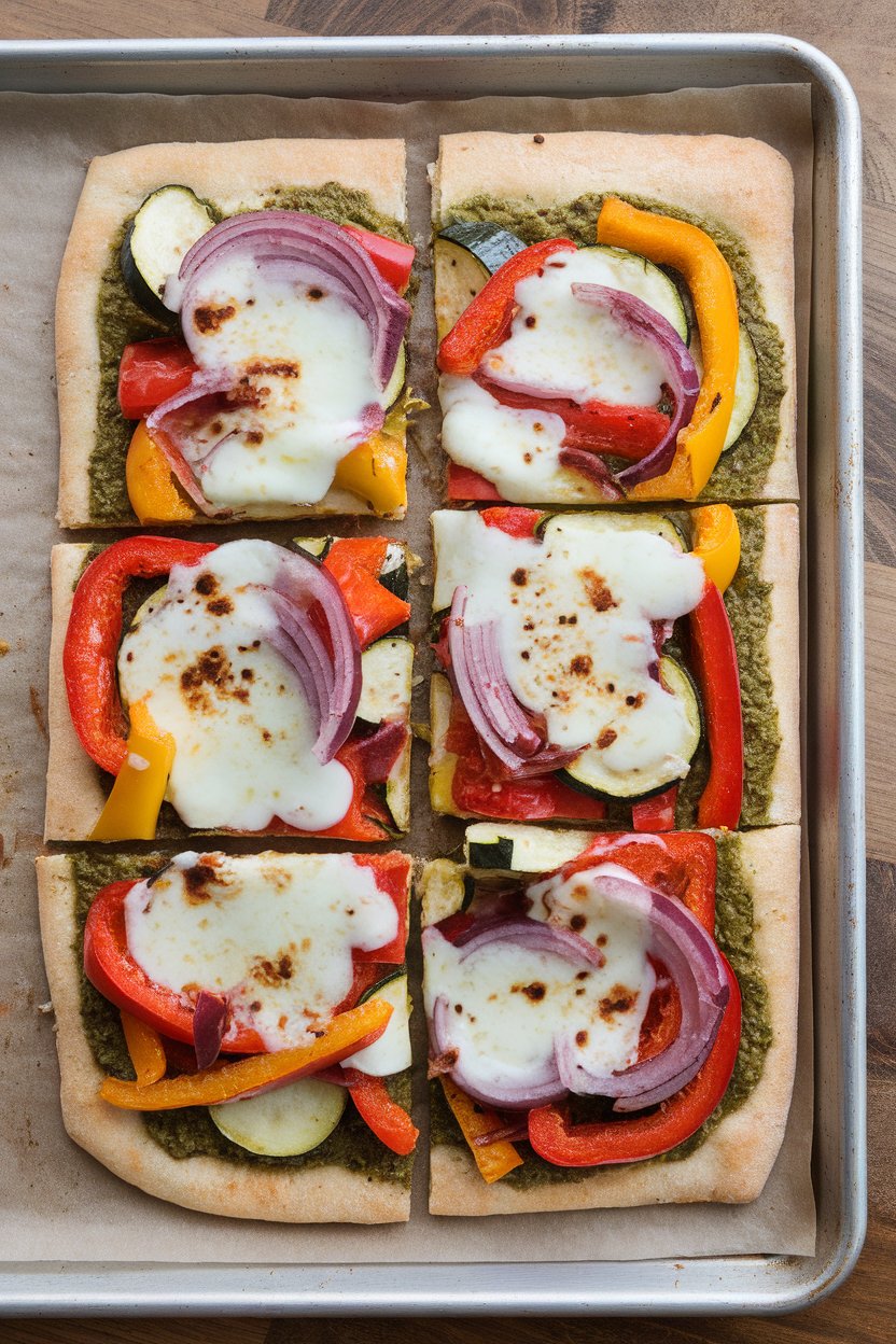 An indoor baking sheet featuring a rectangular flatbread spread with pesto, roasted veggies, and melted mozzarella, sliced into squares. Photo only, no text or logos.