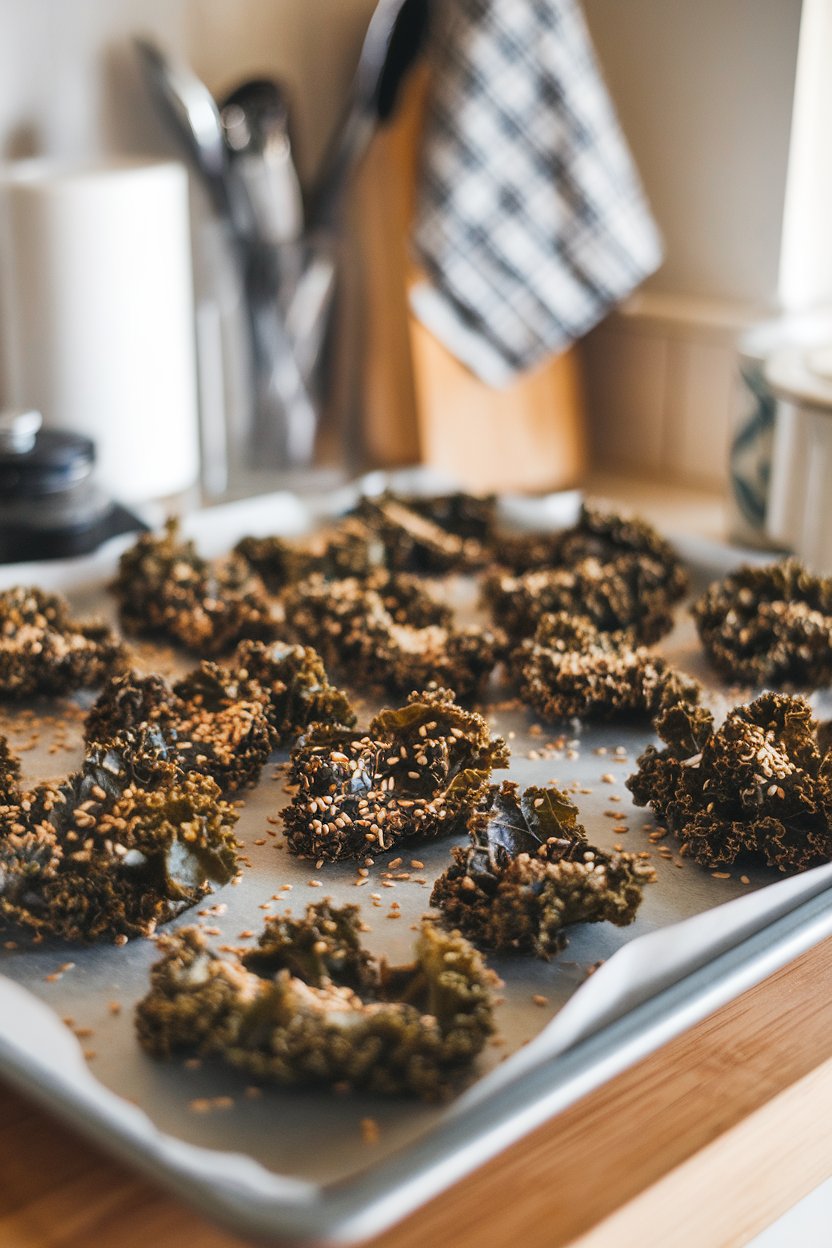 Indoor kitchen counter with a baking tray of crispy kale chips sprinkled with sesame seeds. No logos or text.