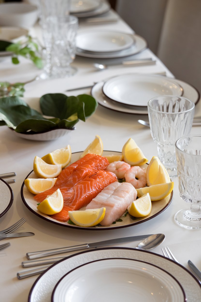 An indoor dining table with a plate trio of salmon, cod, and shrimp surrounded by lemon wedges; no logos. Photo.