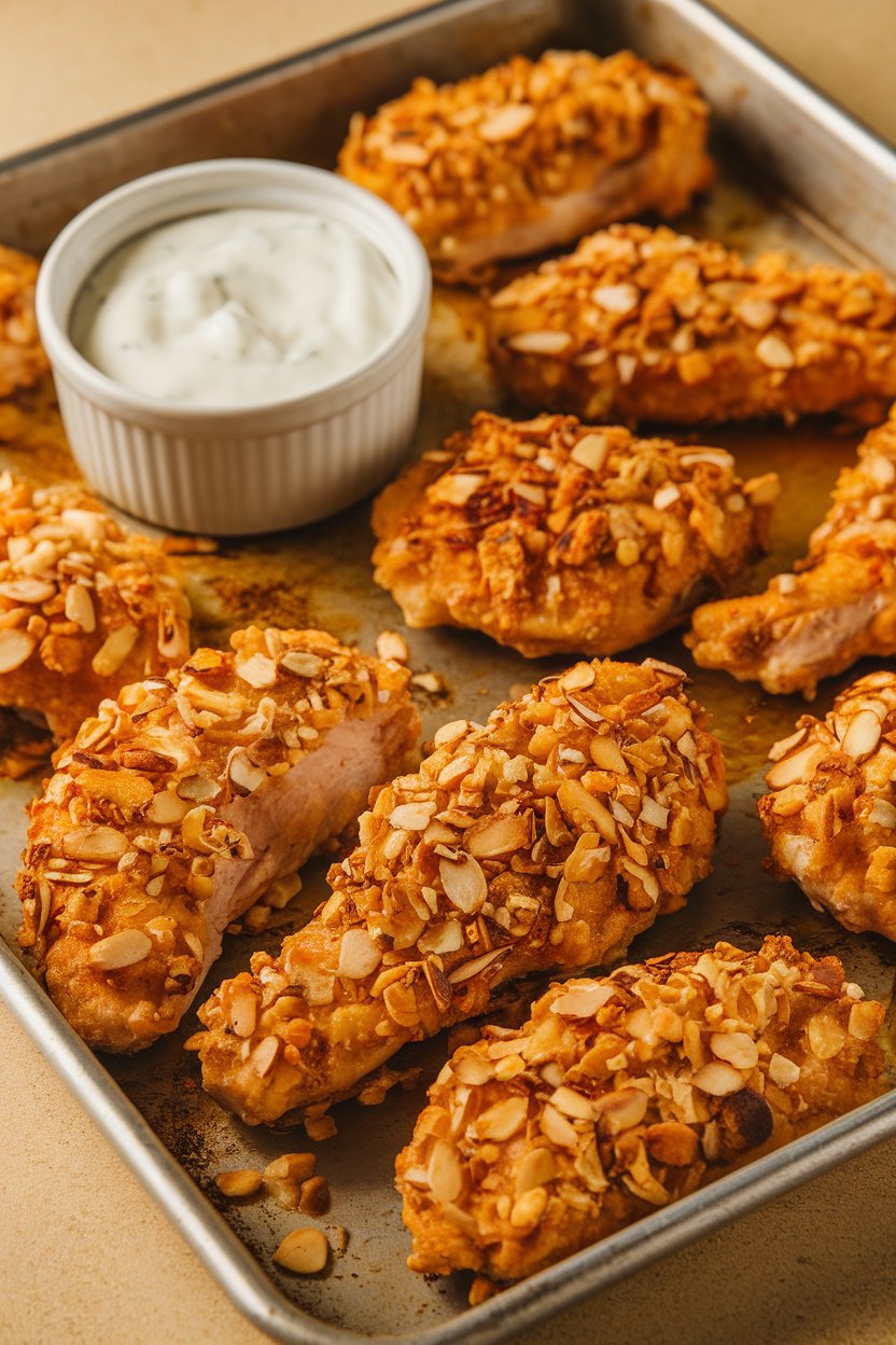 Indoor photo of a baking tray of golden almond-crusted chicken strips with a small ramekin of yogurt dip. No text or logos.