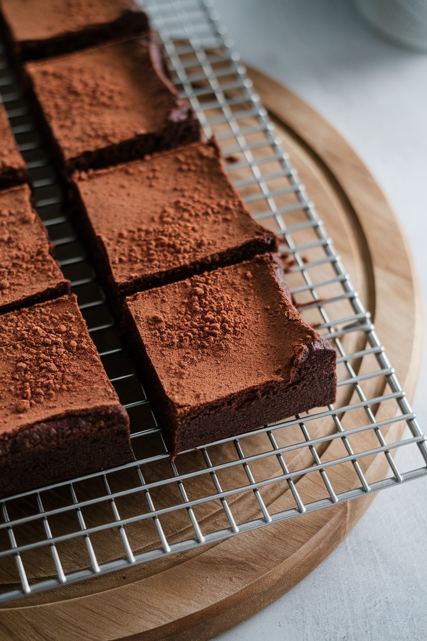 An indoor cooling rack with square ragi flour brownies, dark and fudgy, a light dusting of cocoa powder on top. No text or logos. Photo, not illustration.