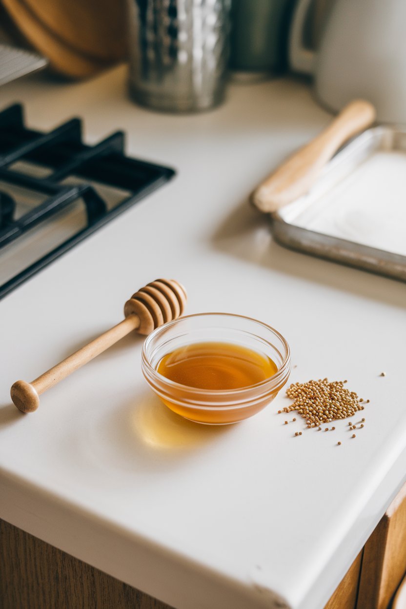 An indoor kitchen island showing a small bowl of golden honey Dijon dressing with a honey dipper and mustard seeds nearby. Photo, not illustration. No text or logos.