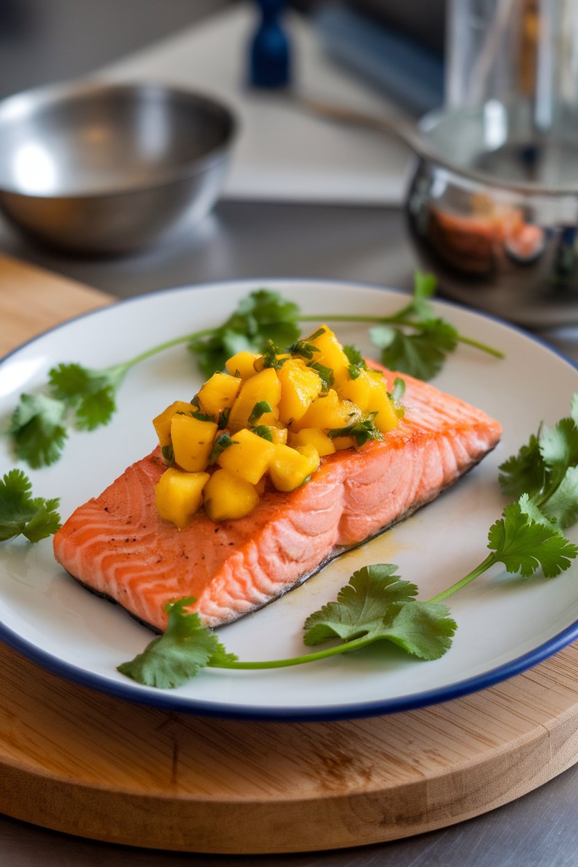 An indoor dinner plate with a seared salmon fillet topped with bright mango salsa, cilantro leaves around the edges. No text or logos. Photo.