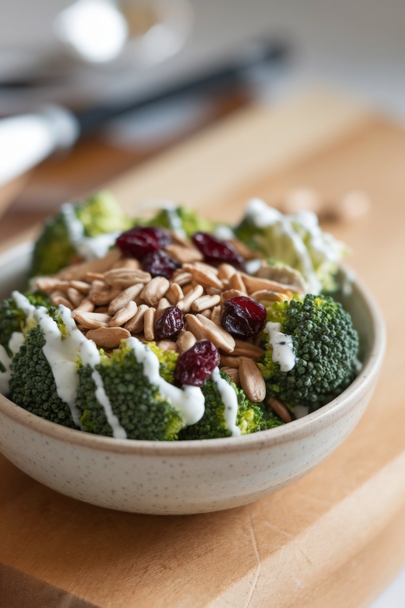 Photo of small broccoli florets, dried cranberries, sunflower seeds, and a light yogurt dressing in a bowl indoors, no text or logos.