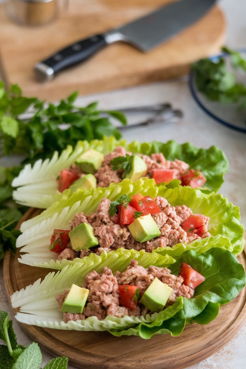 Indoor close-up of crisp lettuce leaves holding ground turkey, avocado cubes, and diced tomato. No text or logos present.