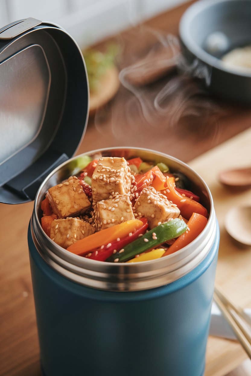 An open thermos indoors displaying colorful stir-fried vegetables and cubed tofu coated in sesame sauce, steam rising. Photo, no branding.
