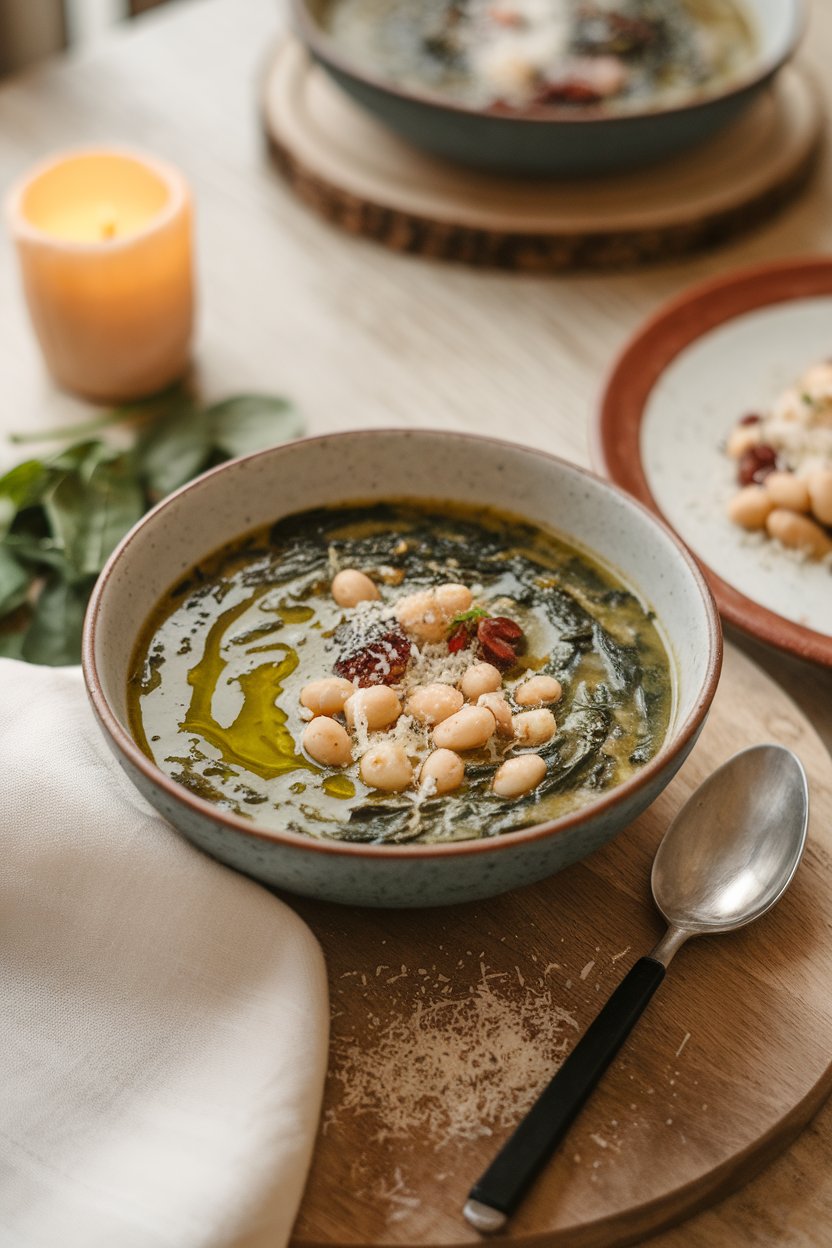 Indoor trattoria table with a bowl of spinach and white bean soup, drizzle of olive oil, grated parmesan nearby. No text or logos. Photo.